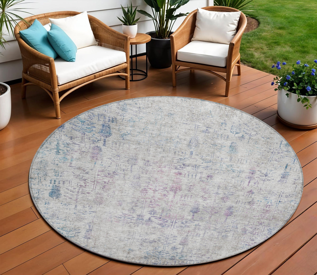 8' Ivory Blue And Purple Round Floral Washable Indoor Outdoor Area Rug