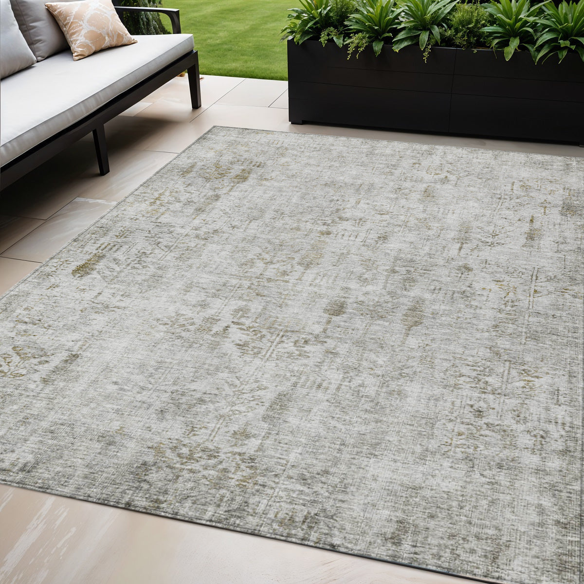 5' X 8' Silver Green And Gray Floral Washable Indoor Outdoor Area Rug