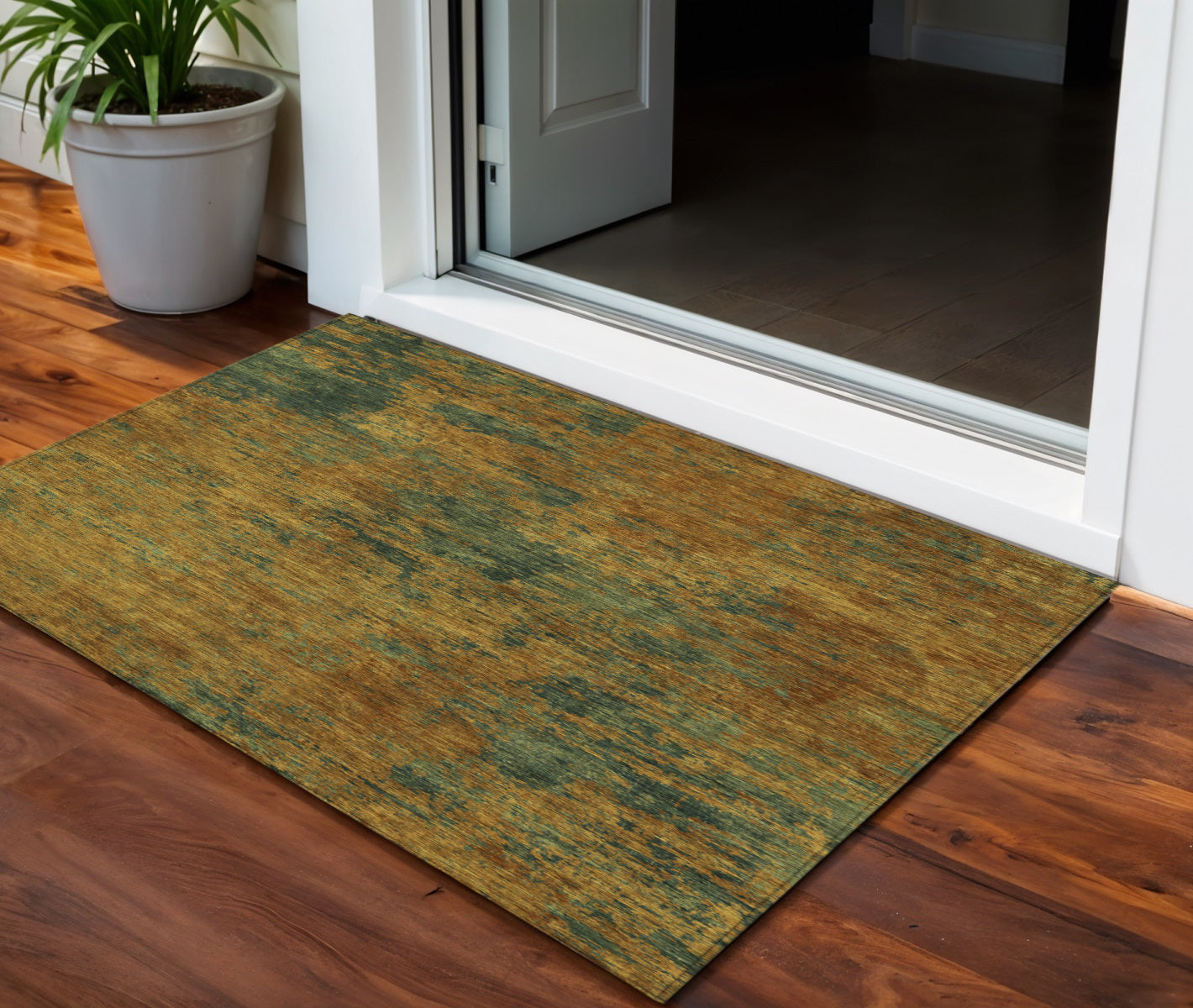 3' X 5' Copper And Green Abstract Washable Indoor Outdoor Area Rug