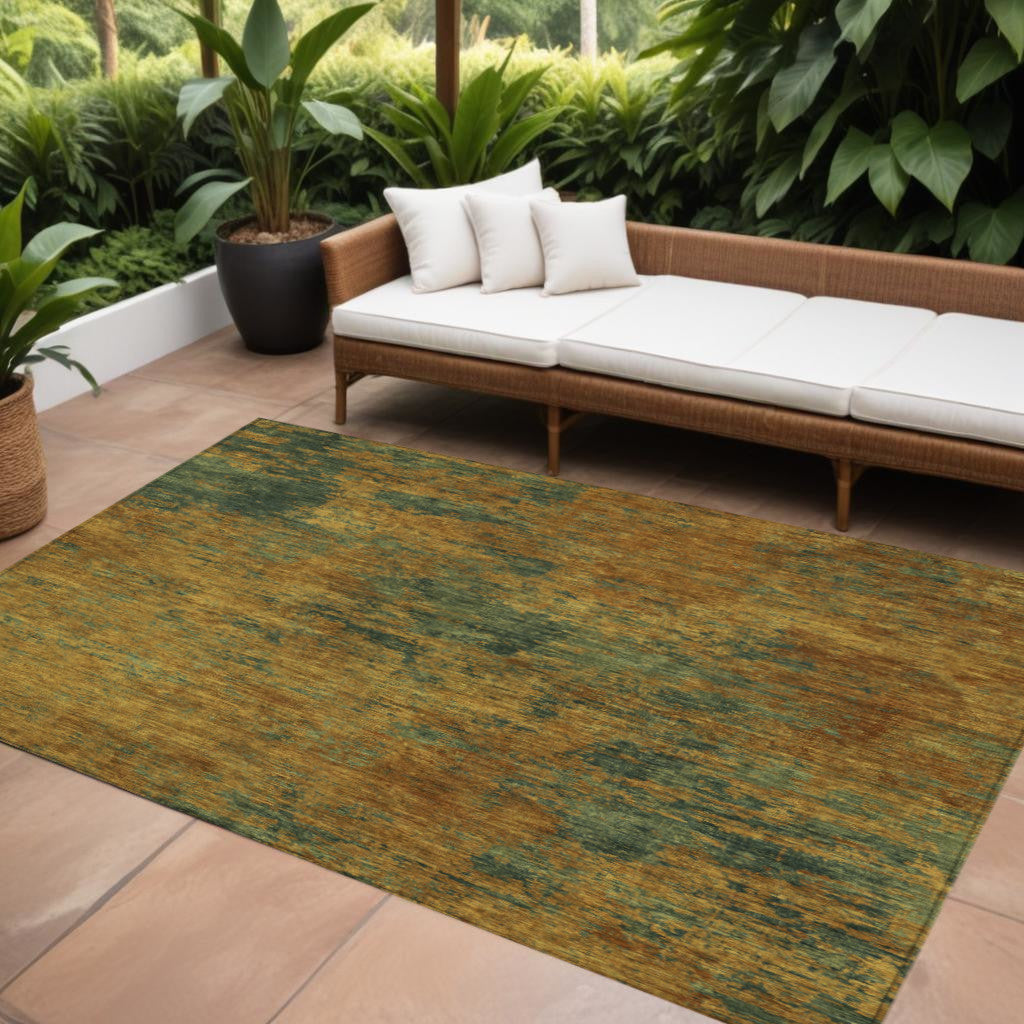 9' X 12' Copper And Green Abstract Washable Indoor Outdoor Area Rug