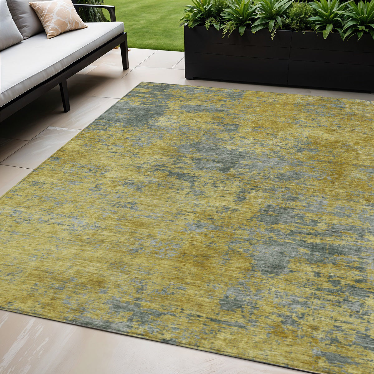 5' X 8' Gold Green And Gray Abstract Washable Indoor Outdoor Area Rug