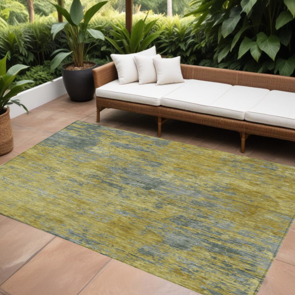9' X 12' Gold Green And Gray Abstract Washable Indoor Outdoor Area Rug