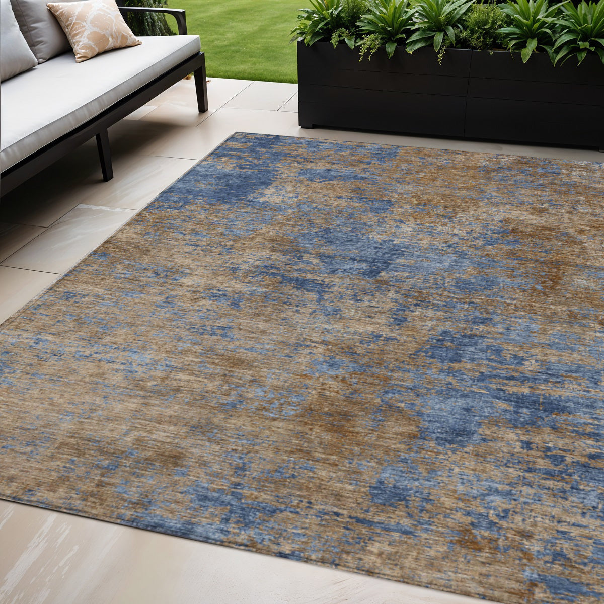 5' X 8' Navy Blue And Brown Abstract Washable Indoor Outdoor Area Rug