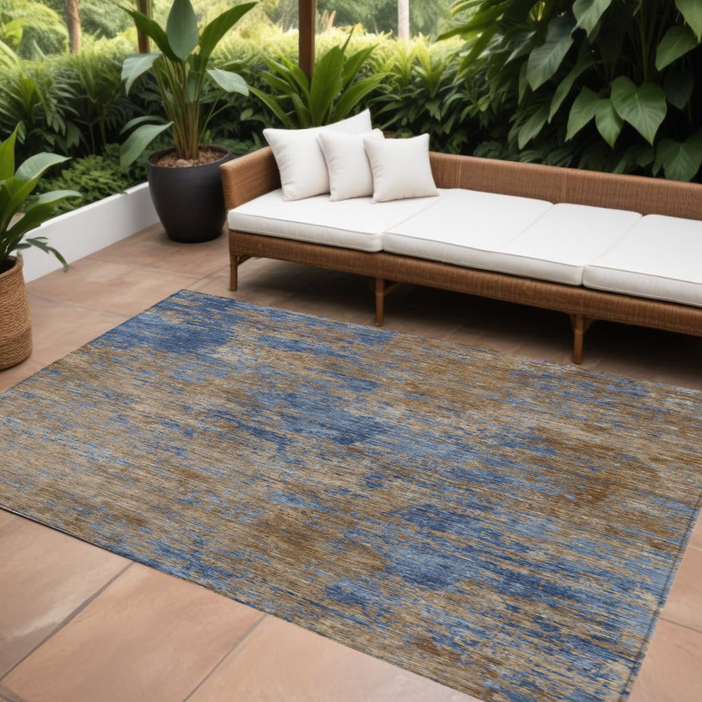 10' X 14' Navy Blue And Brown Abstract Washable Indoor Outdoor Area Rug