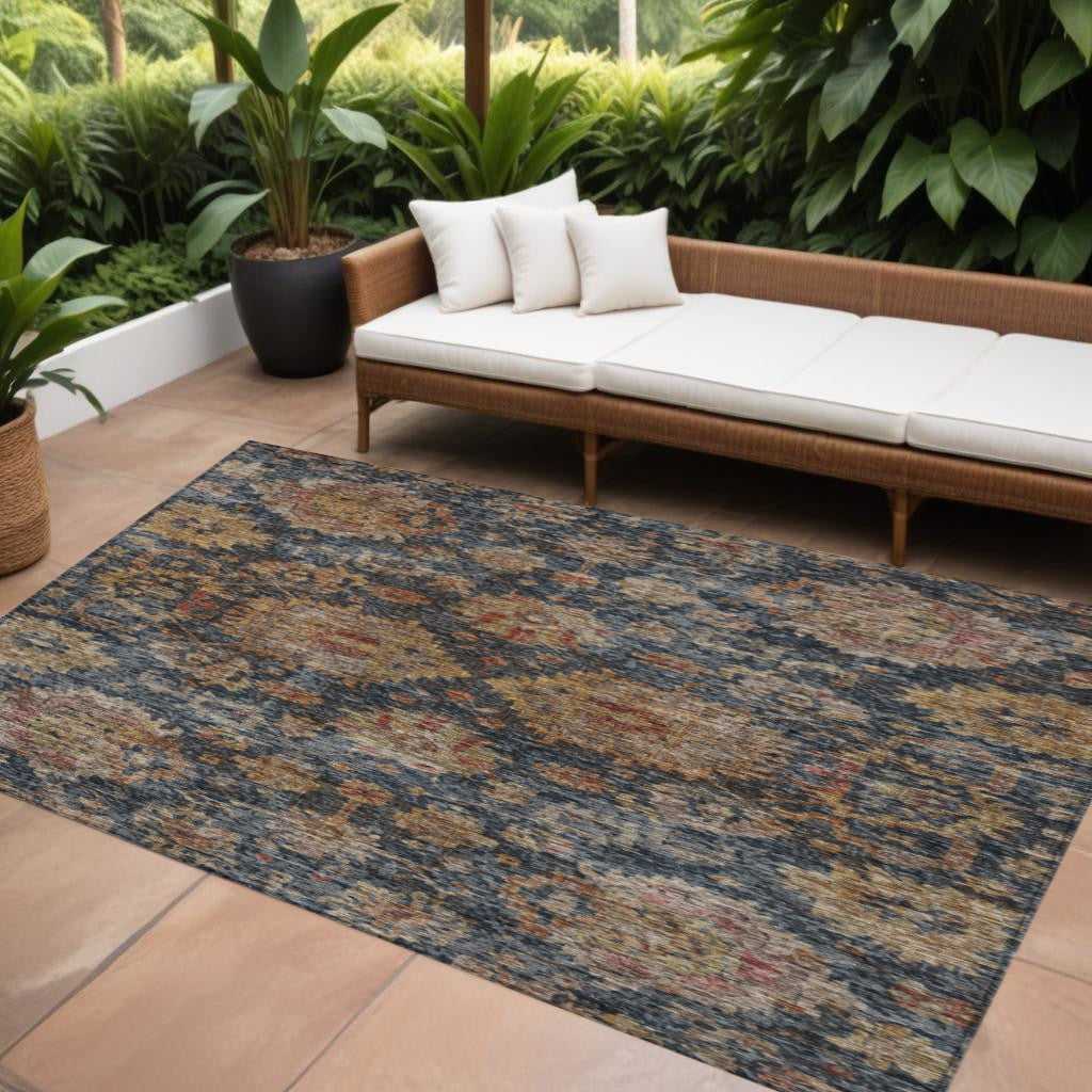 9' X 12' Navy Blue Brown And Terra Cotta Damask Washable Indoor Outdoor Area Rug