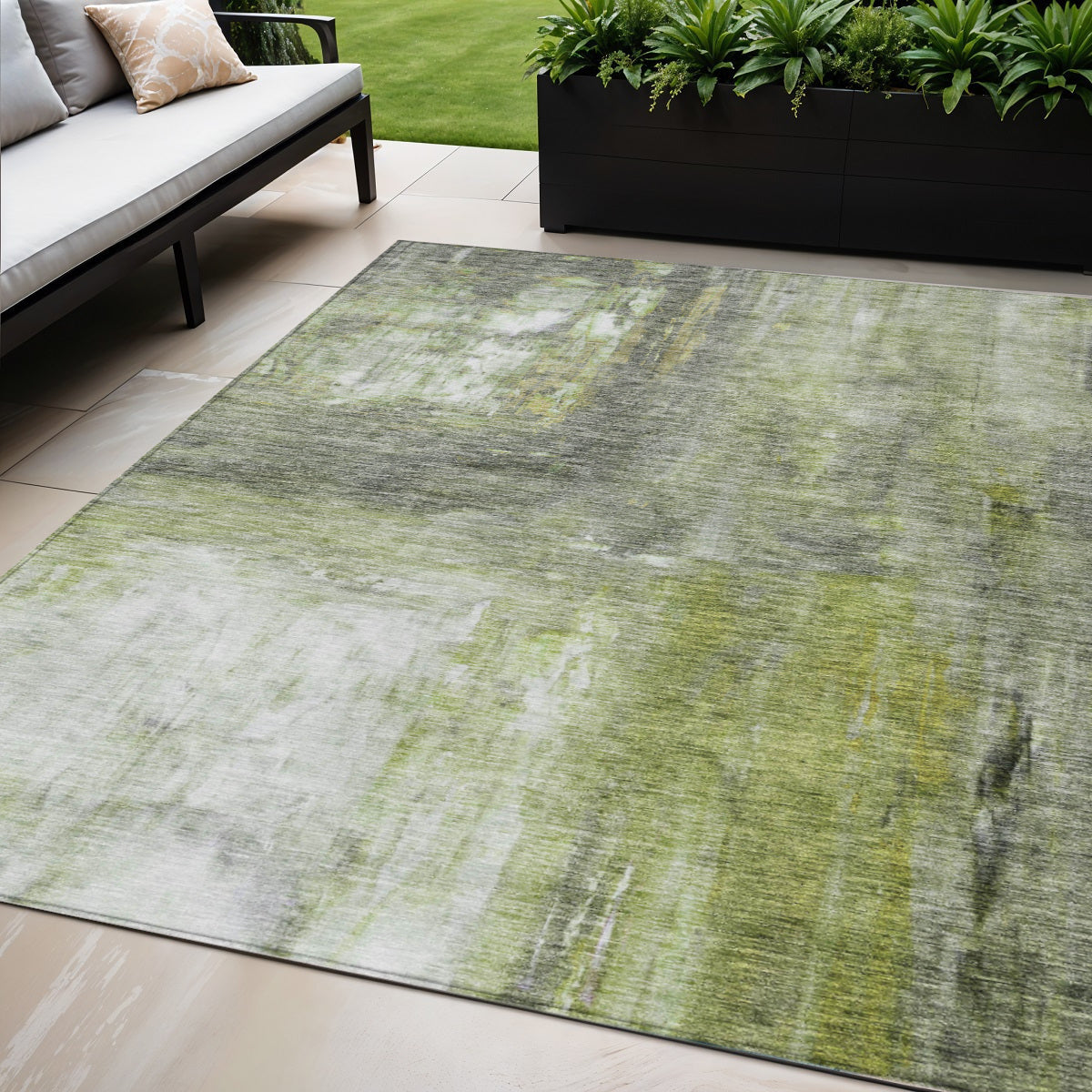5' X 8' Artichoke Green Ivory And Gray Abstract Washable Indoor Outdoor Area Rug