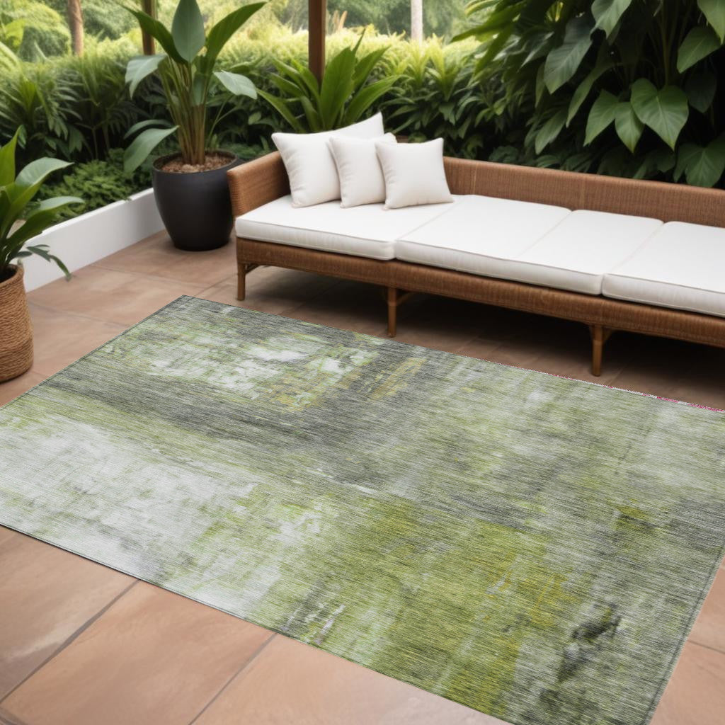10' X 14' Artichoke Green Ivory And Gray Abstract Washable Indoor Outdoor Area Rug