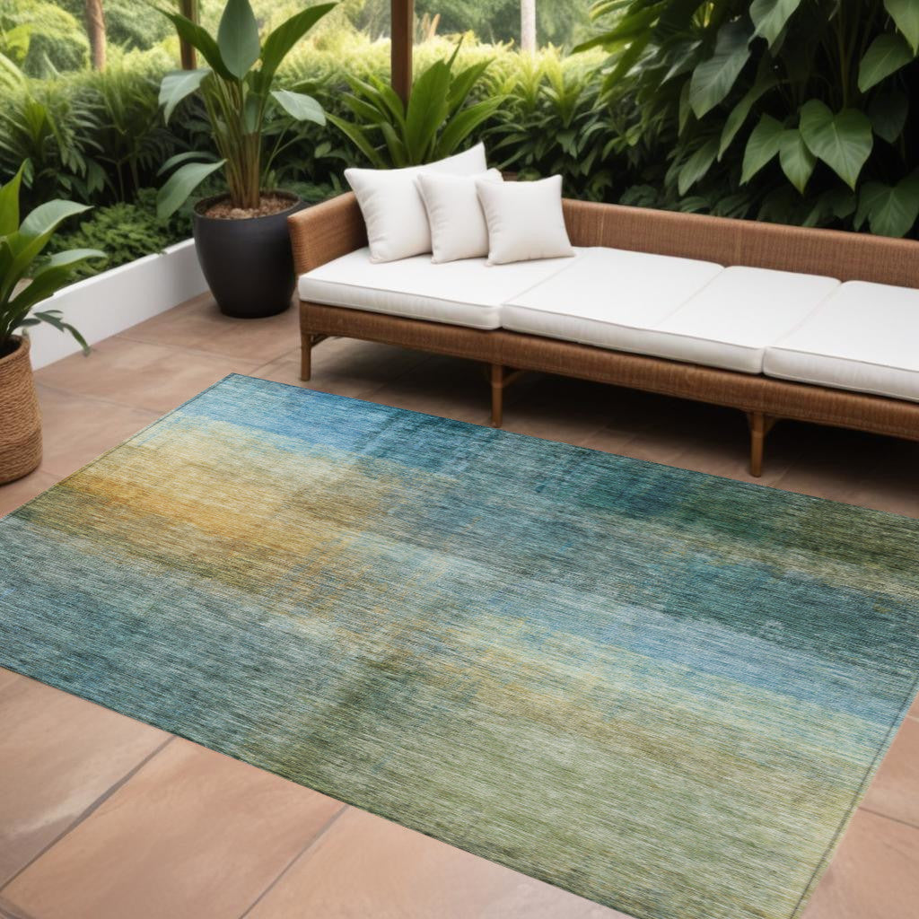 10' X 14' Blue Gold And Green Abstract Washable Indoor Outdoor Area Rug
