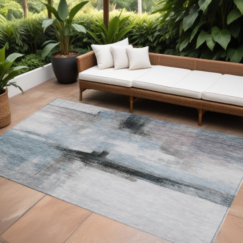 10' X 14' Blue Gray And Black Abstract Washable Indoor Outdoor Area Rug