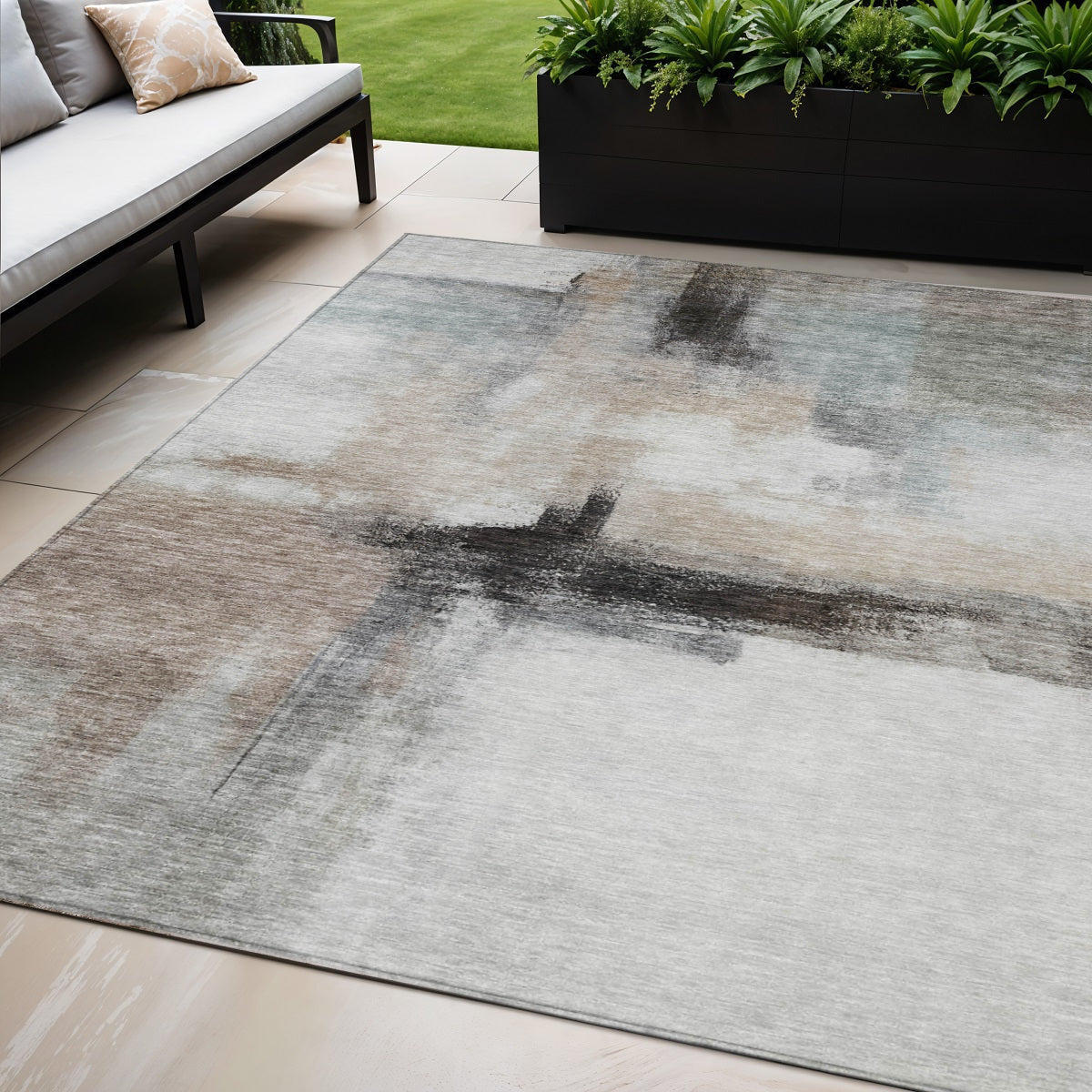 5' X 8' Brown Black And Gray Abstract Washable Indoor Outdoor Area Rug