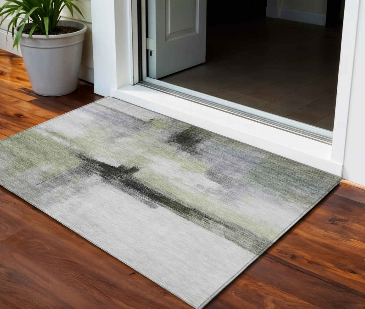 3' X 5' Sage Black And Gray Abstract Washable Indoor Outdoor Area Rug