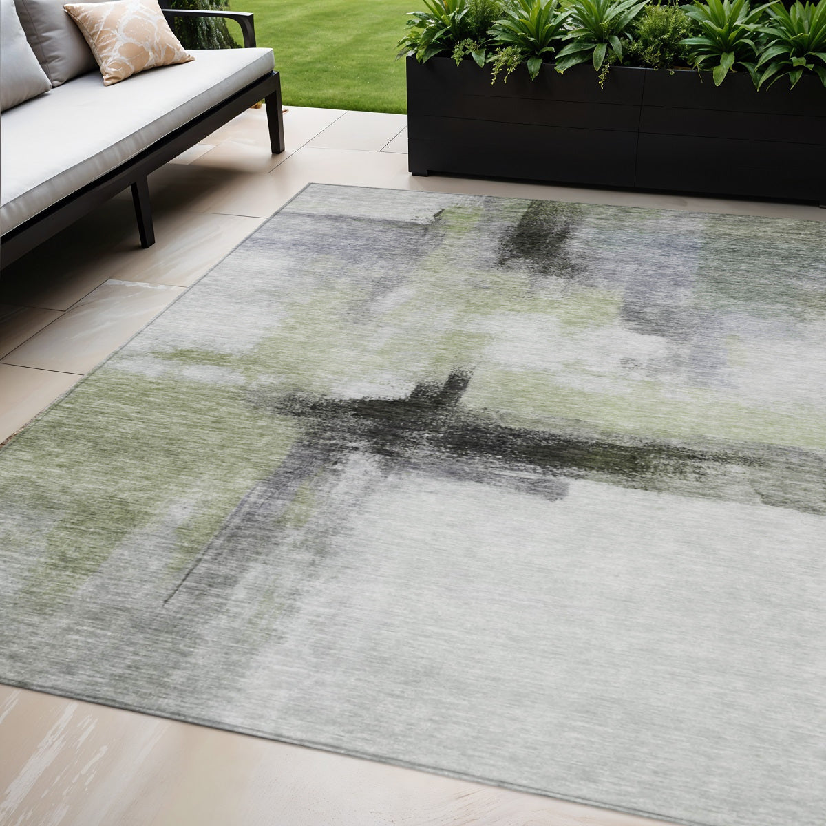 5' X 8' Sage Black And Gray Abstract Washable Indoor Outdoor Area Rug