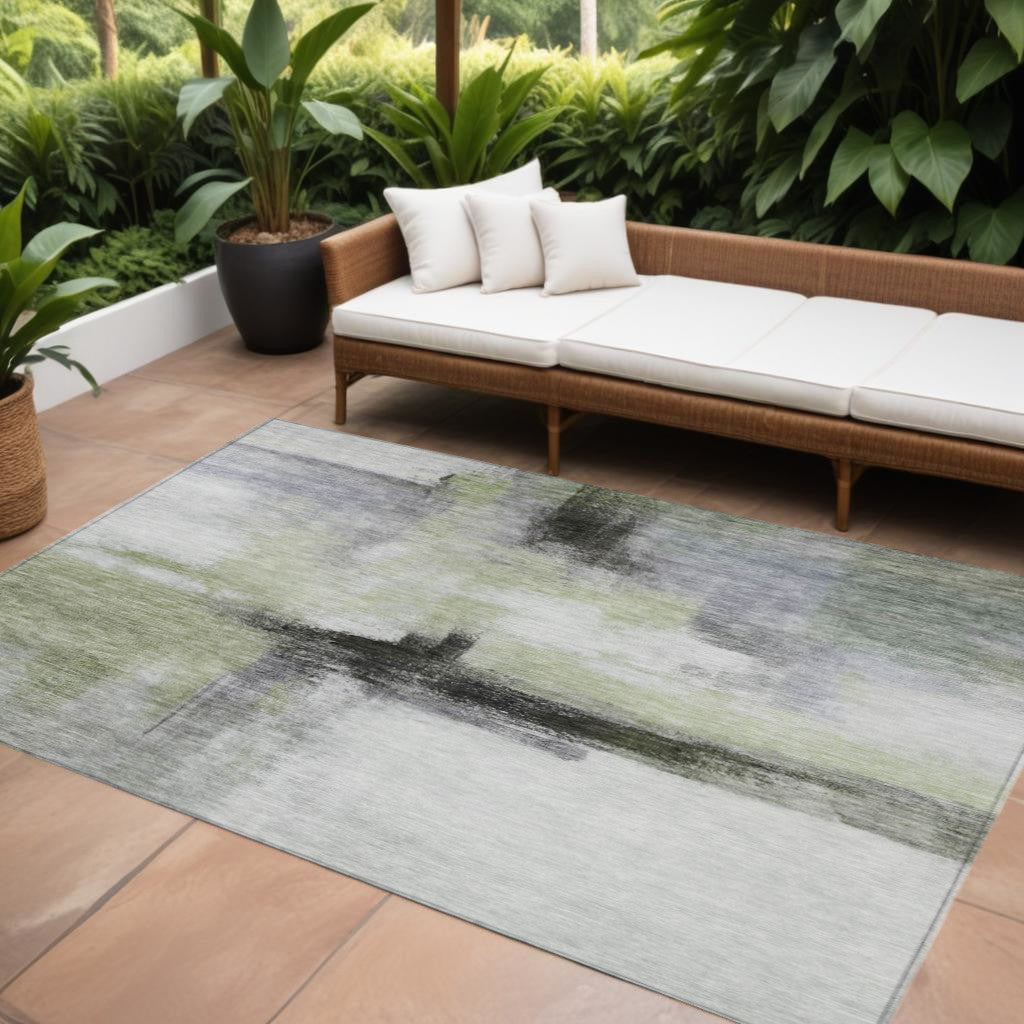 10' X 14' Sage Black And Gray Abstract Washable Indoor Outdoor Area Rug