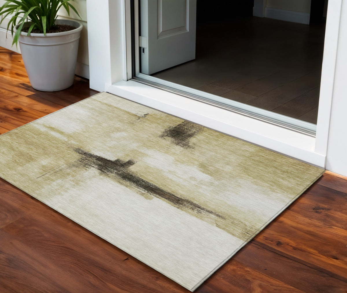 3' X 5' Wheat Green And Black Abstract Washable Indoor Outdoor Area Rug