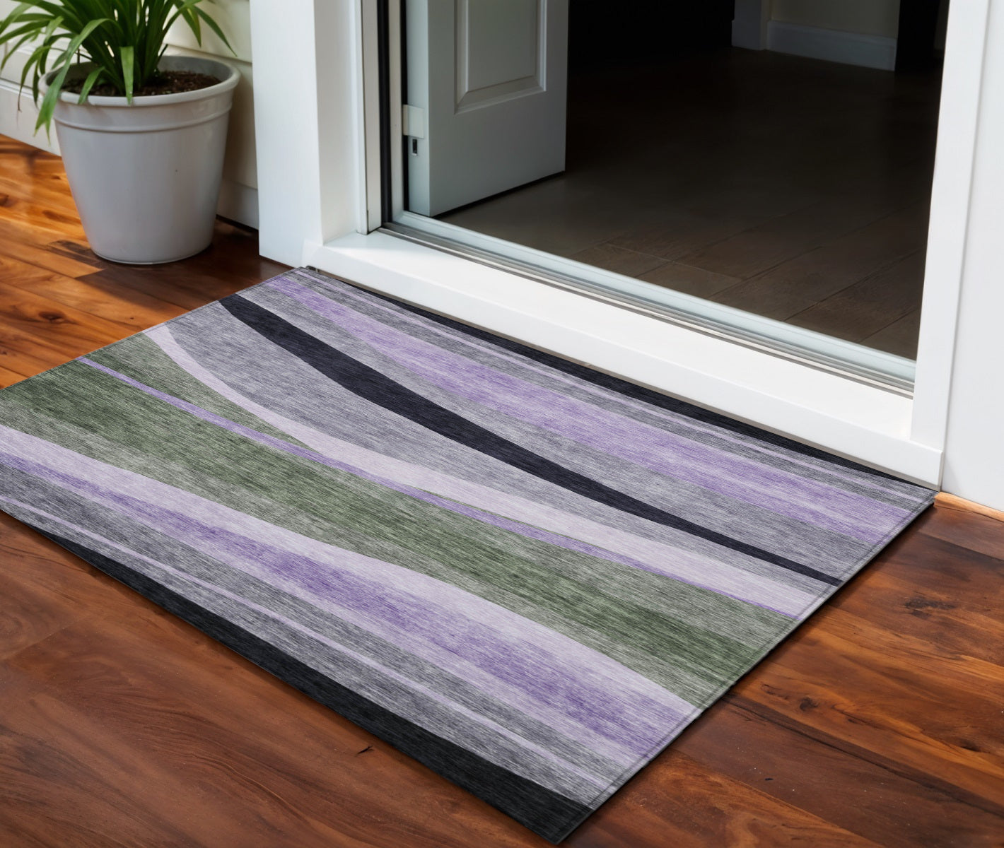 3' X 5' Artichoke Green Green And Black Abstract Washable Indoor Outdoor Area Rug