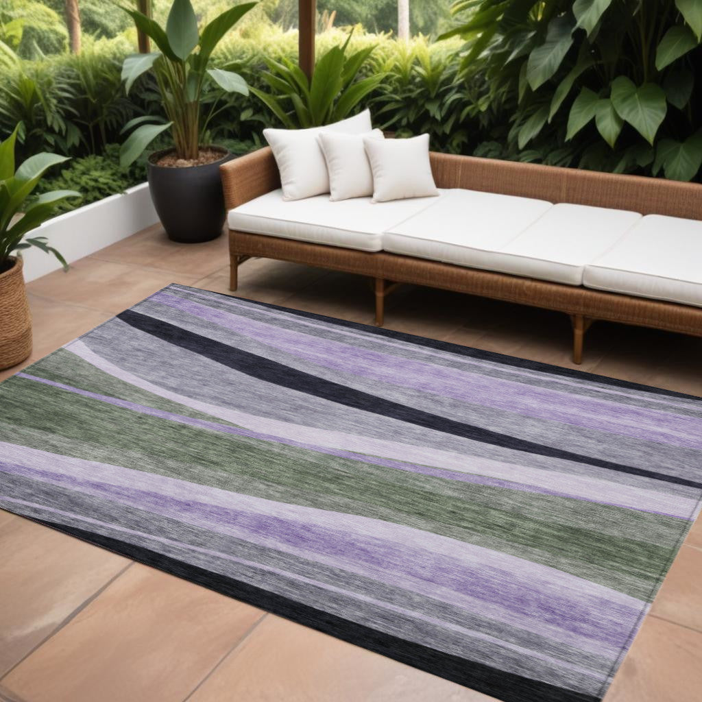 10' X 14' Artichoke Green Green And Black Abstract Washable Indoor Outdoor Area Rug