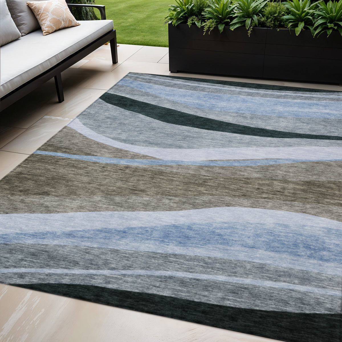 5' X 8' Brown Blue And Gray Abstract Washable Indoor Outdoor Area Rug