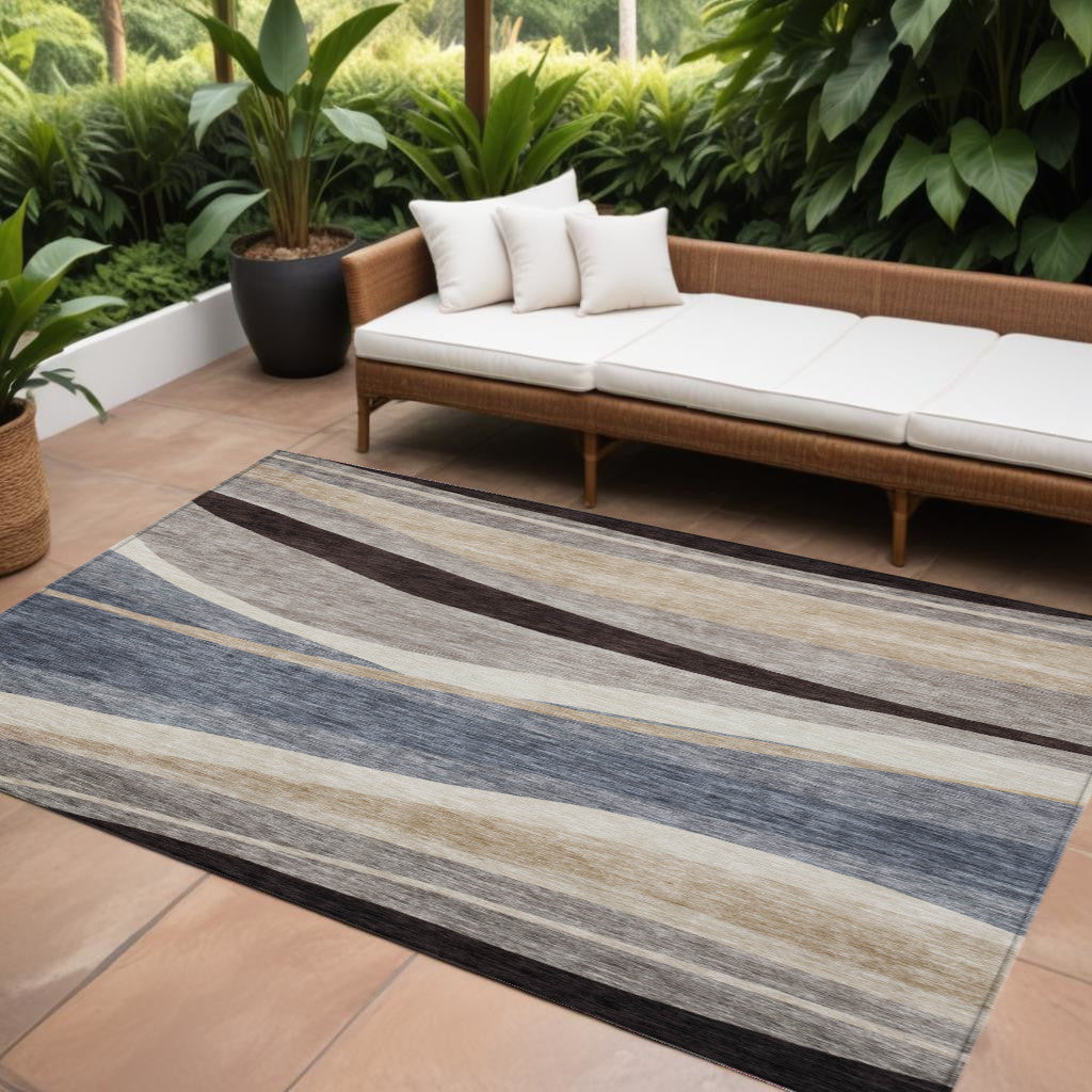 10' X 14' Blue Brown And Beige Abstract Washable Indoor Outdoor Area Rug