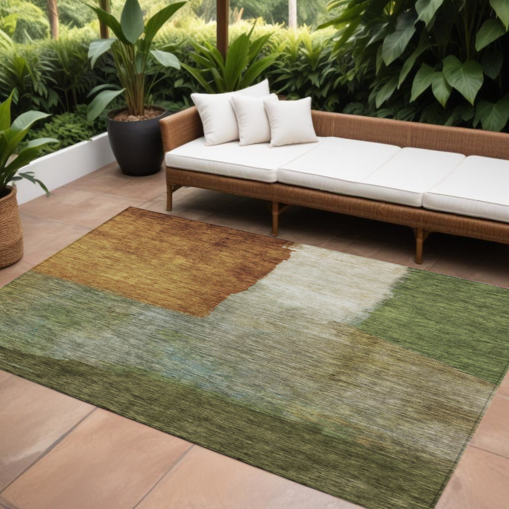 9' X 12' Green Copper And Beige Abstract Washable Indoor Outdoor Area Rug