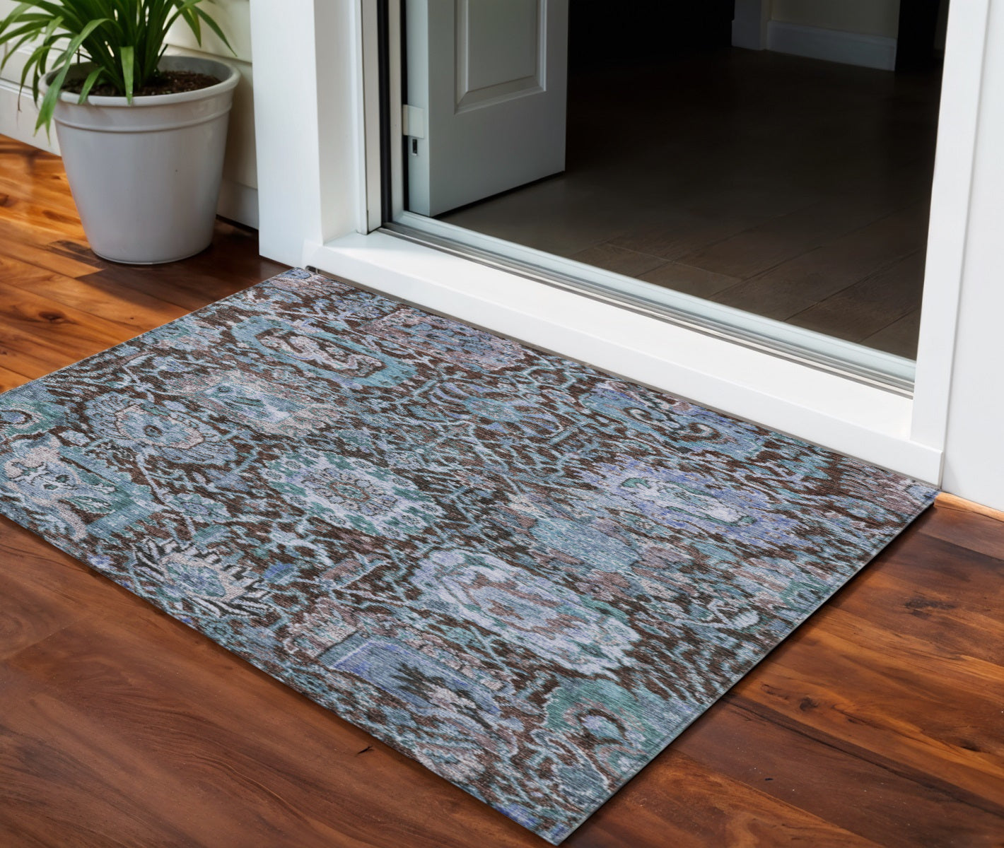 3' X 5' Chocolate And Aqua Damask Washable Indoor Outdoor Area Rug