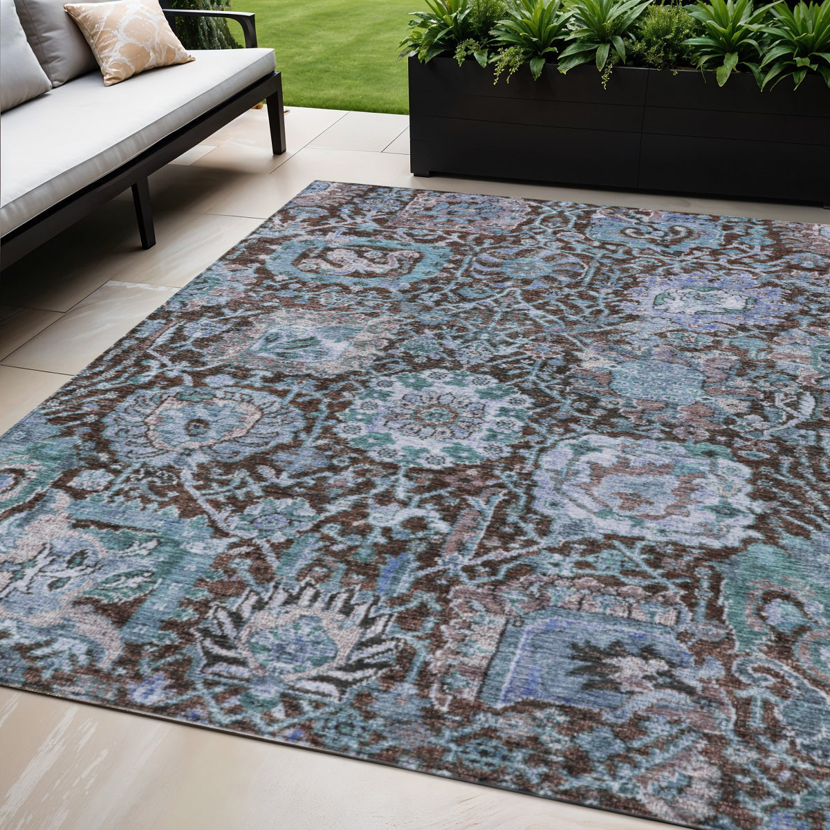 5' X 8' Chocolate And Aqua Damask Washable Indoor Outdoor Area Rug
