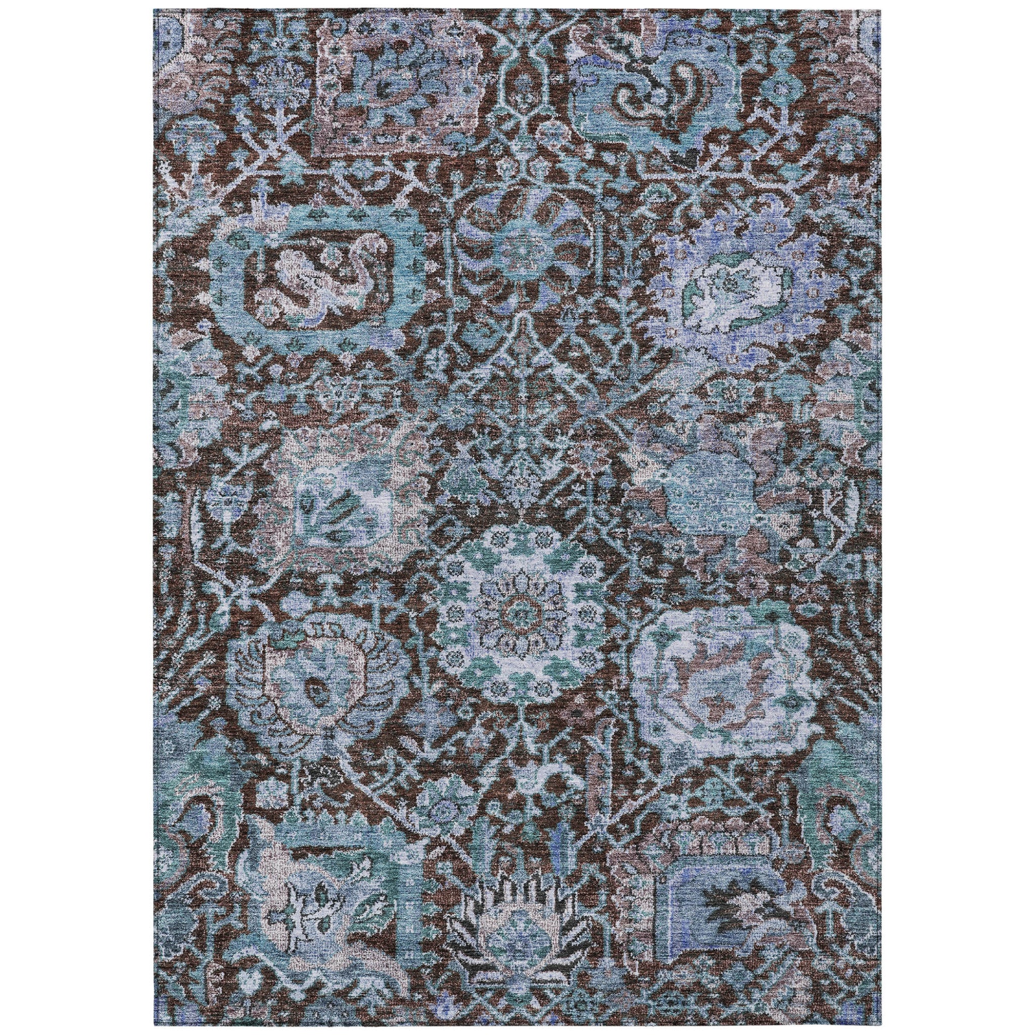 8' X 10' Chocolate And Aqua Damask Washable Indoor Outdoor Area Rug