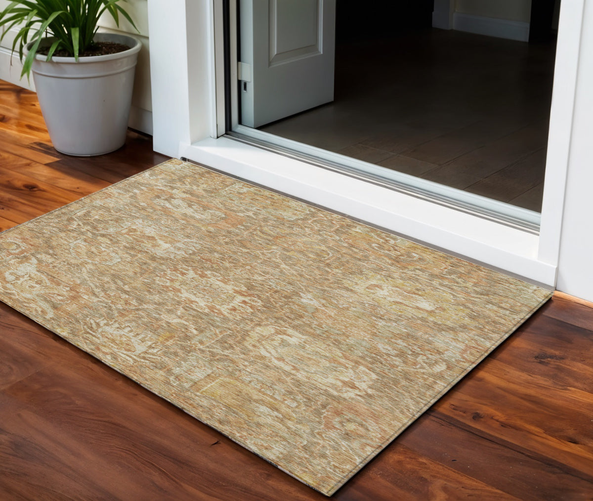 3' X 5' Khaki And Brown Damask Washable Indoor Outdoor Area Rug