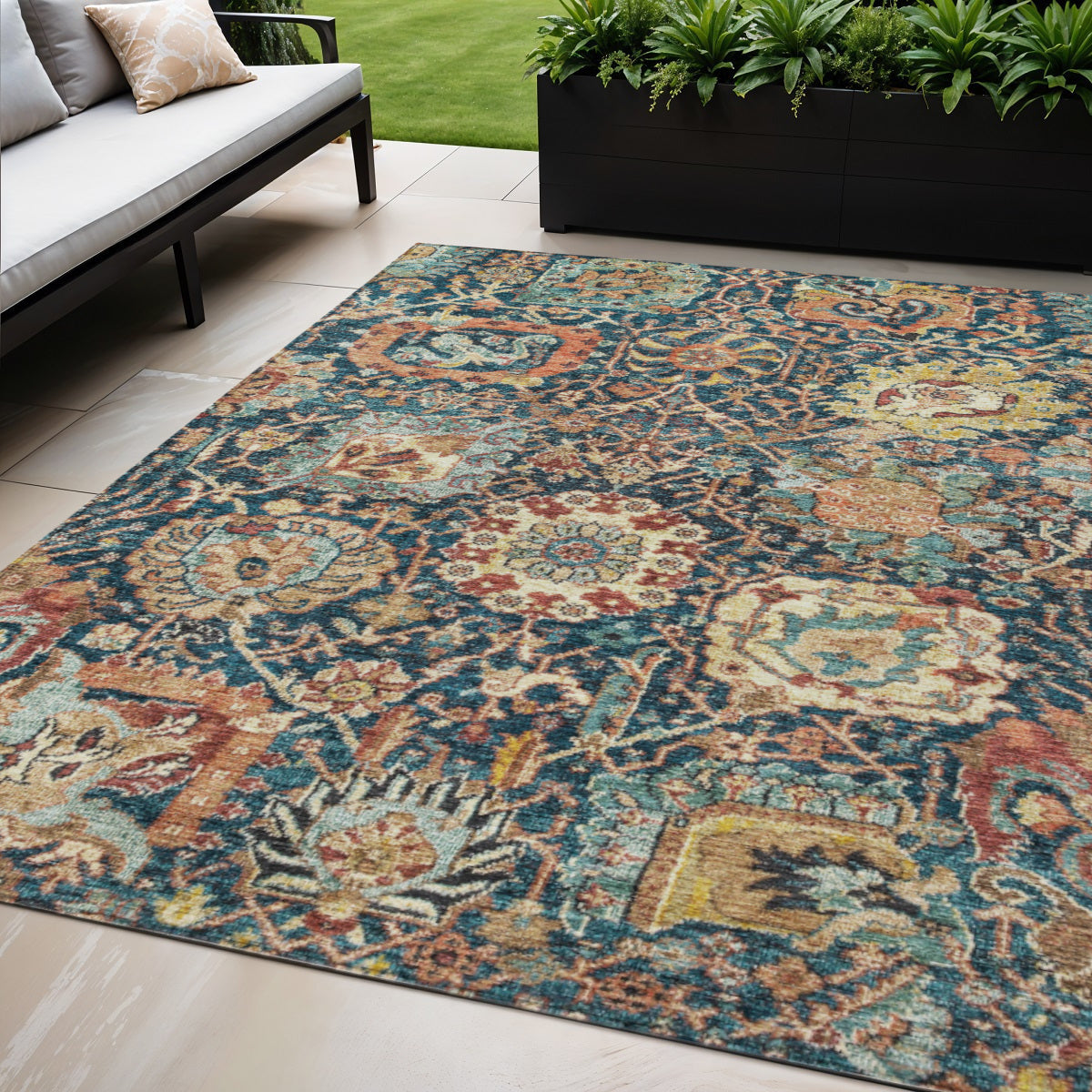 5' X 8' Navy Blue Terra Cotta And Beige Damask Washable Indoor Outdoor Area Rug