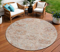 8' Coral And Gray Round Damask Washable Indoor Outdoor Area Rug