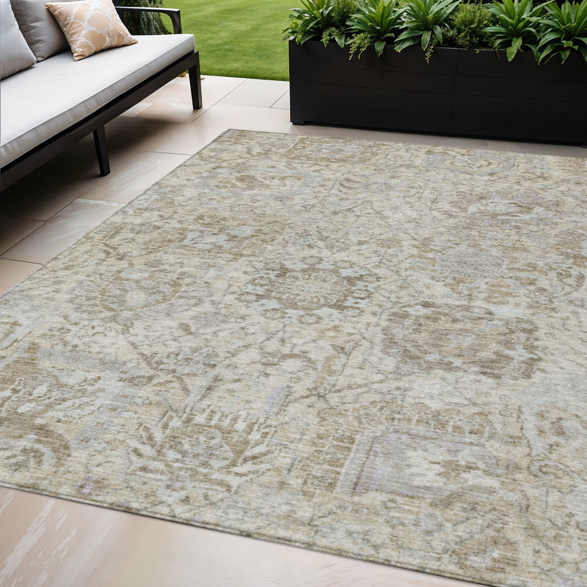 5' X 8' Ivory Brown And Gray Damask Washable Indoor Outdoor Area Rug