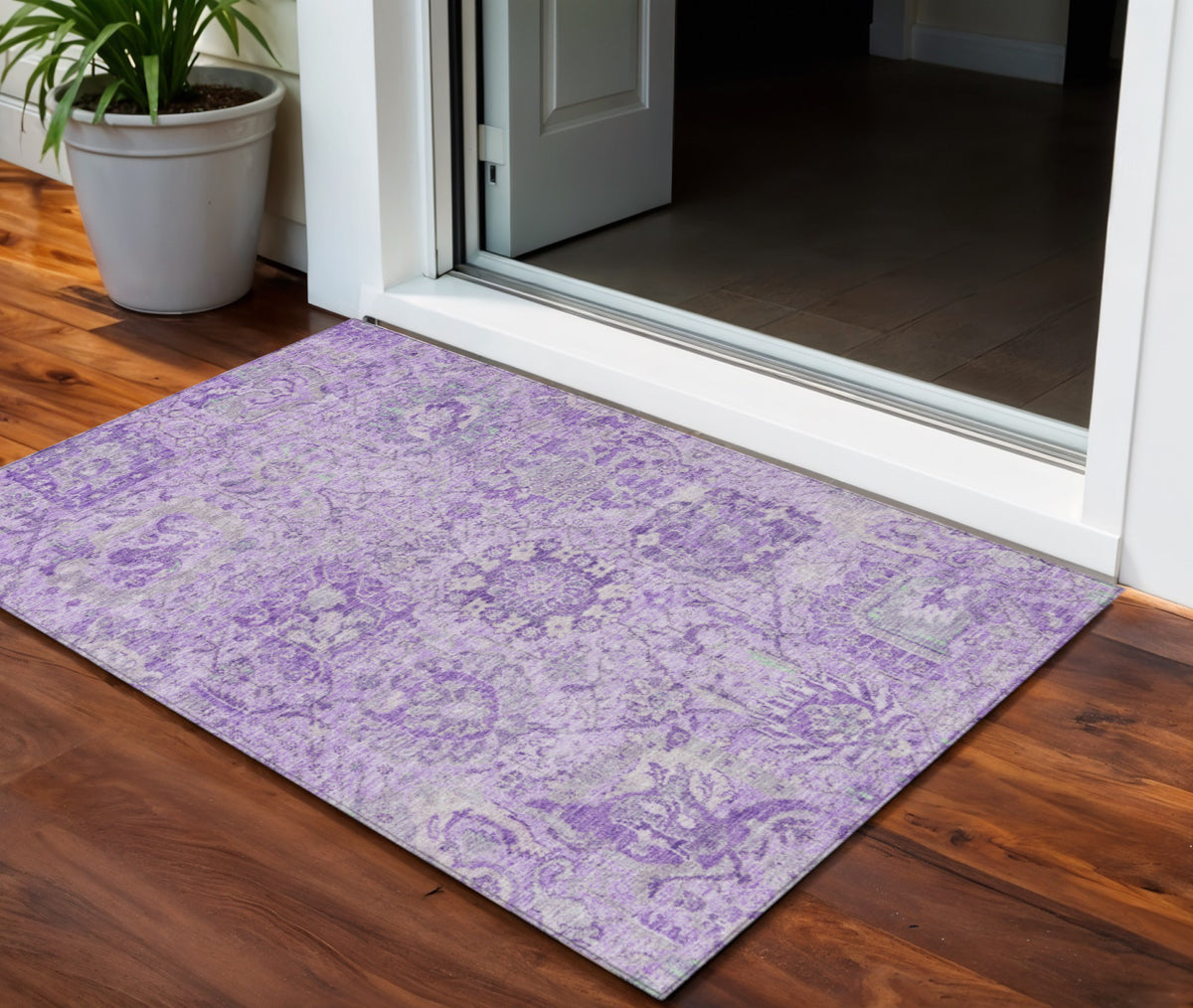 3' X 5' Lavender And Gray Damask Washable Indoor Outdoor Area Rug
