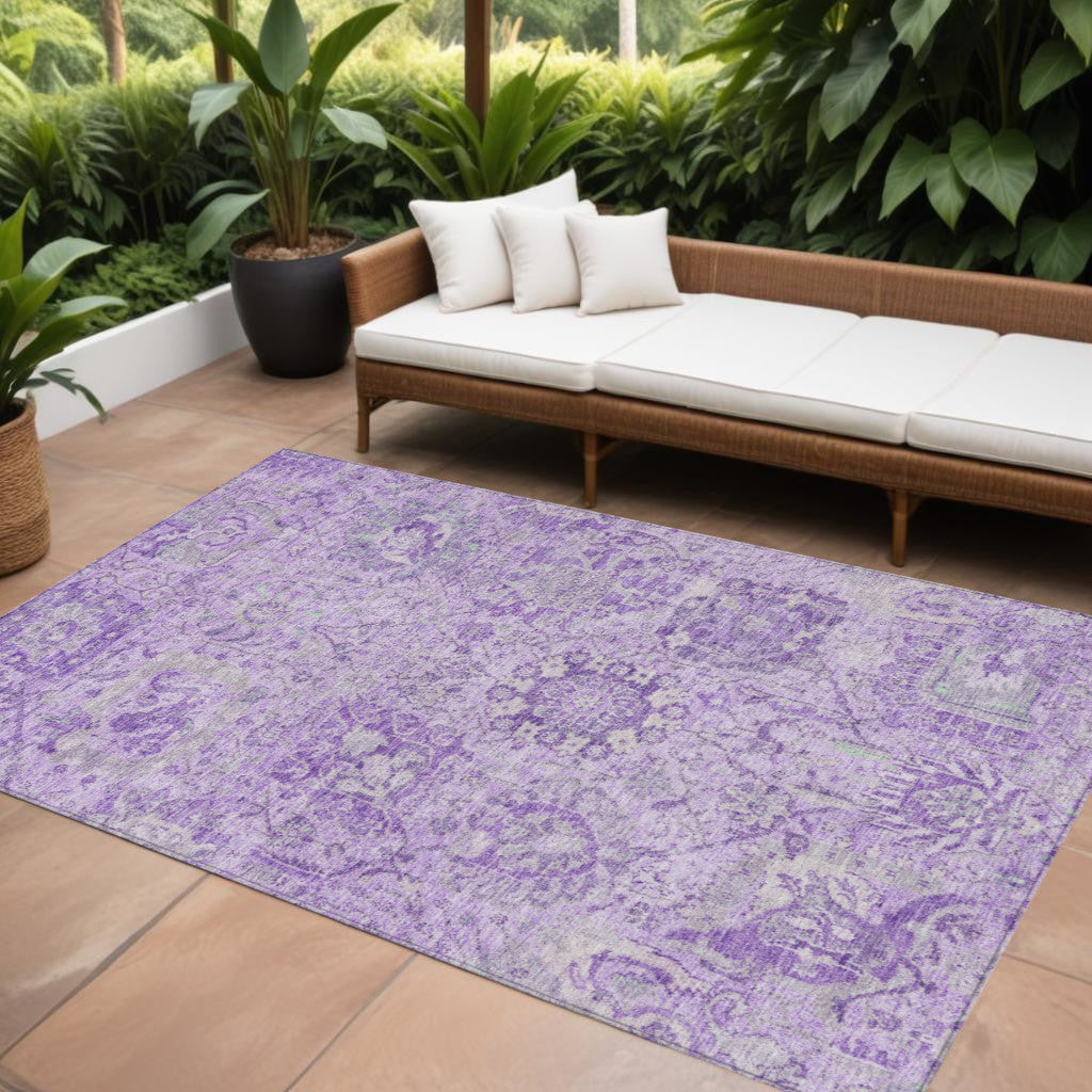 9' X 12' Lavender And Gray Damask Washable Indoor Outdoor Area Rug