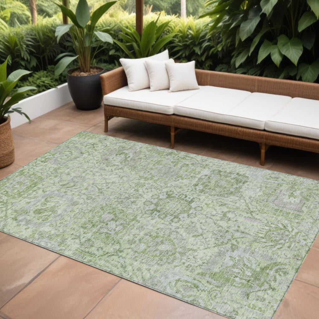 9' X 12' Mint Green And Gray Damask Washable Indoor Outdoor Area Rug