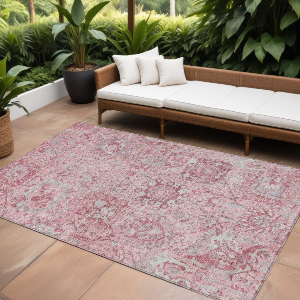 9' X 12' Pink And Gray Damask Washable Indoor Outdoor Area Rug