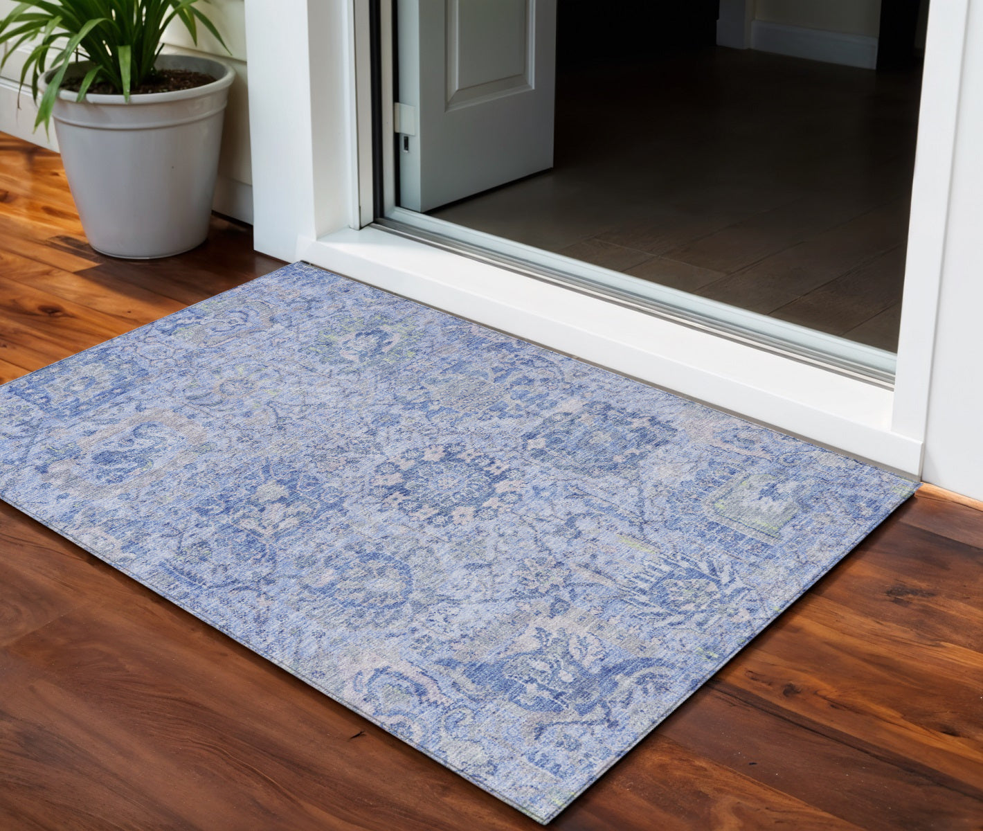 3' X 5' Sky Blue Ivory And Gray Damask Washable Indoor Outdoor Area Rug
