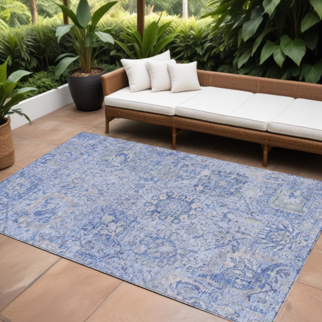 9' X 12' Sky Blue Ivory And Gray Damask Washable Indoor Outdoor Area Rug