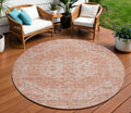8' Coral And Pink Round Oriental Washable Indoor Outdoor Area Rug