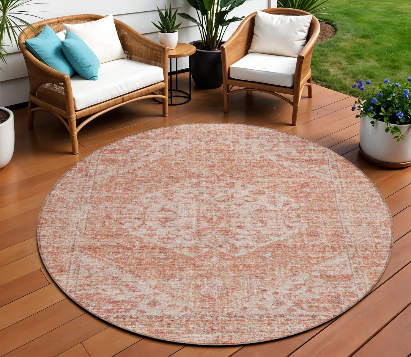8' Coral And Pink Round Oriental Washable Indoor Outdoor Area Rug