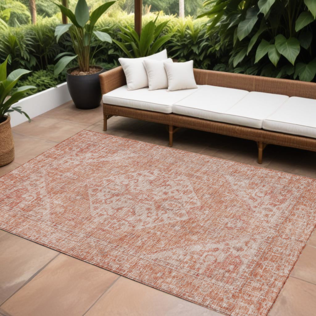 10' X 14' Coral And Pink Oriental Washable Indoor Outdoor Area Rug
