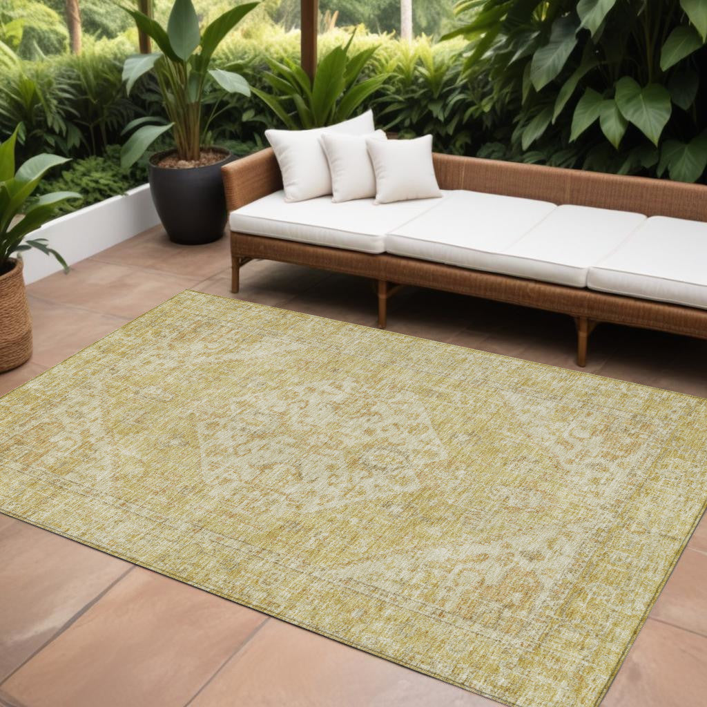 9' X 12' Gold Tan And Beige Oriental Washable Indoor Outdoor Area Rug