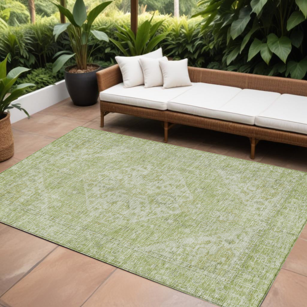 9' X 12' Sage And Ivory Oriental Washable Indoor Outdoor Area Rug