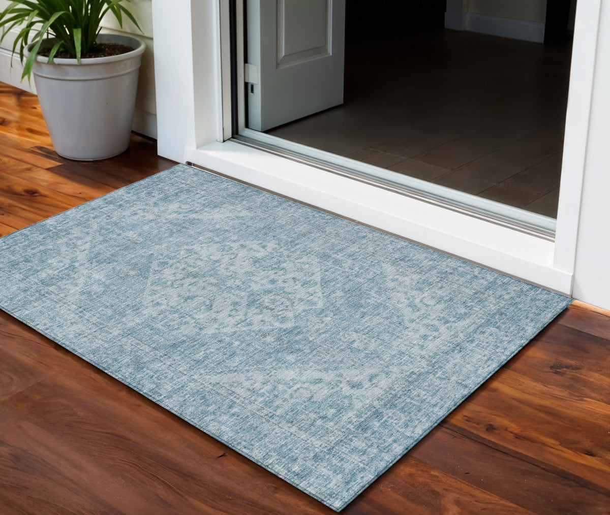 3' X 5' Sky Blue And Ivory Oriental Washable Indoor Outdoor Area Rug