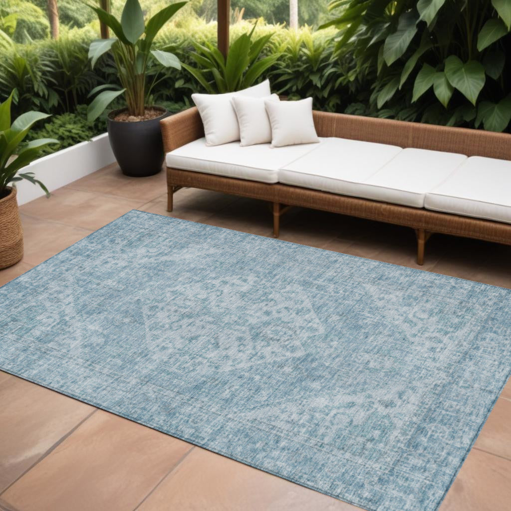 9' X 12' Sky Blue And Ivory Oriental Washable Indoor Outdoor Area Rug