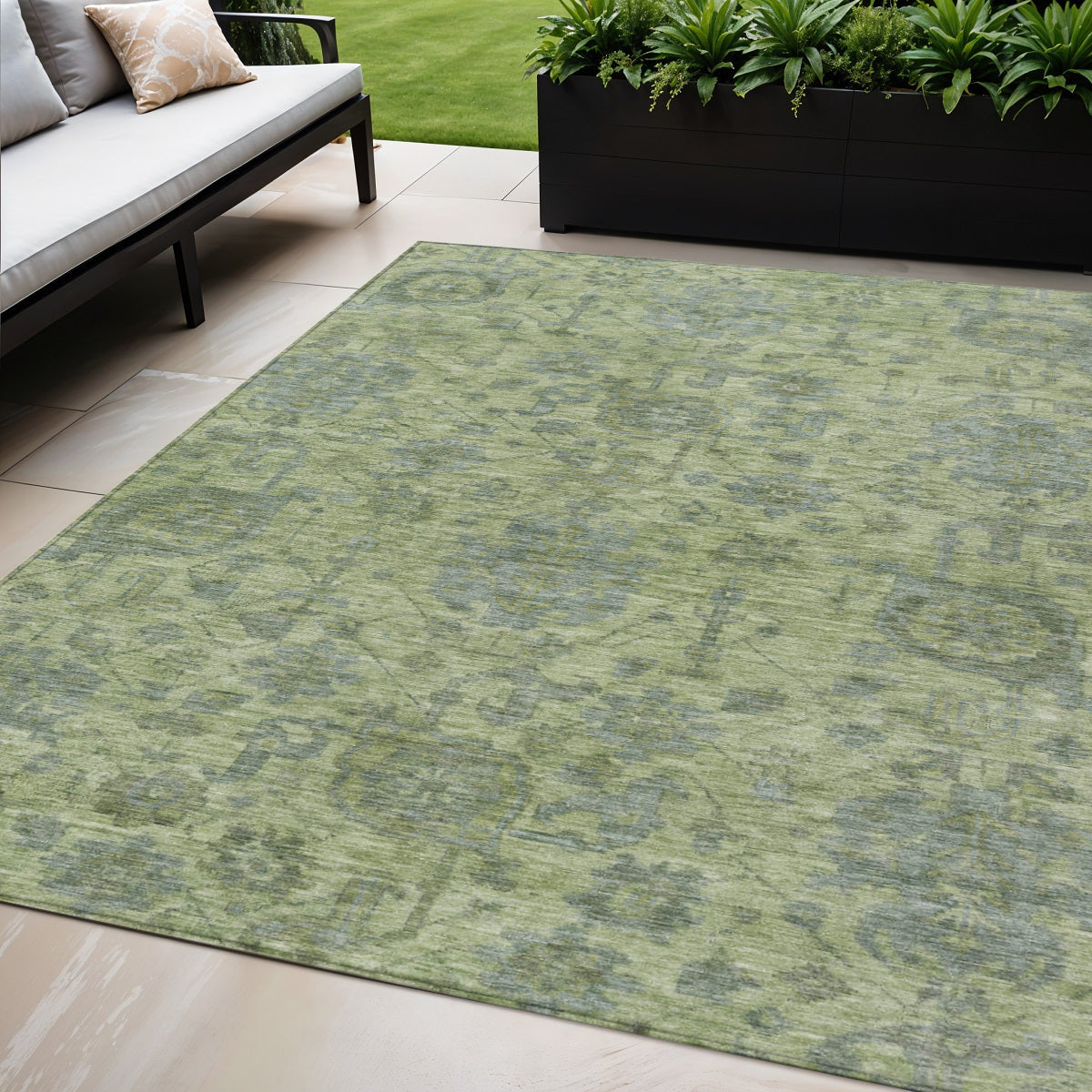 5' X 8' Artichoke Green And Gray Damask Washable Indoor Outdoor Area Rug