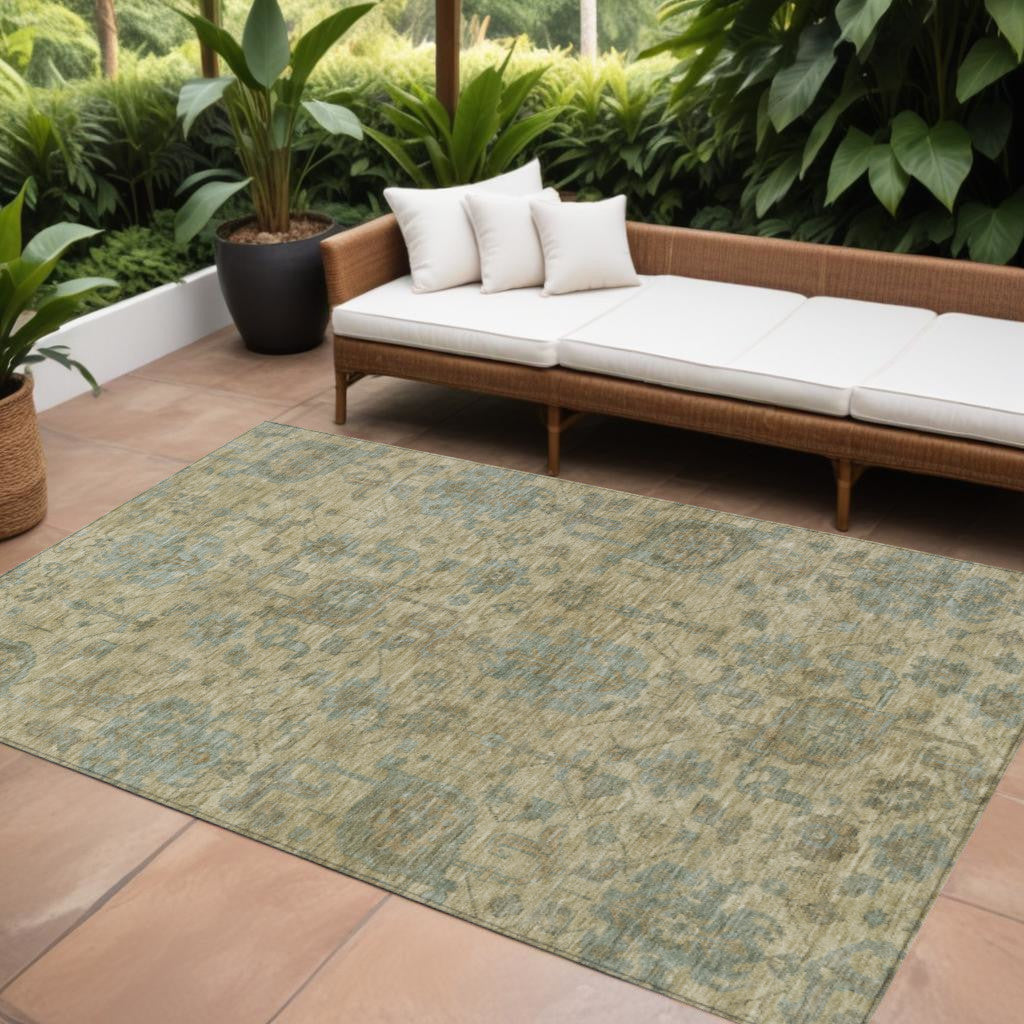 10' X 14' Beige And Blue Damask Washable Indoor Outdoor Area Rug