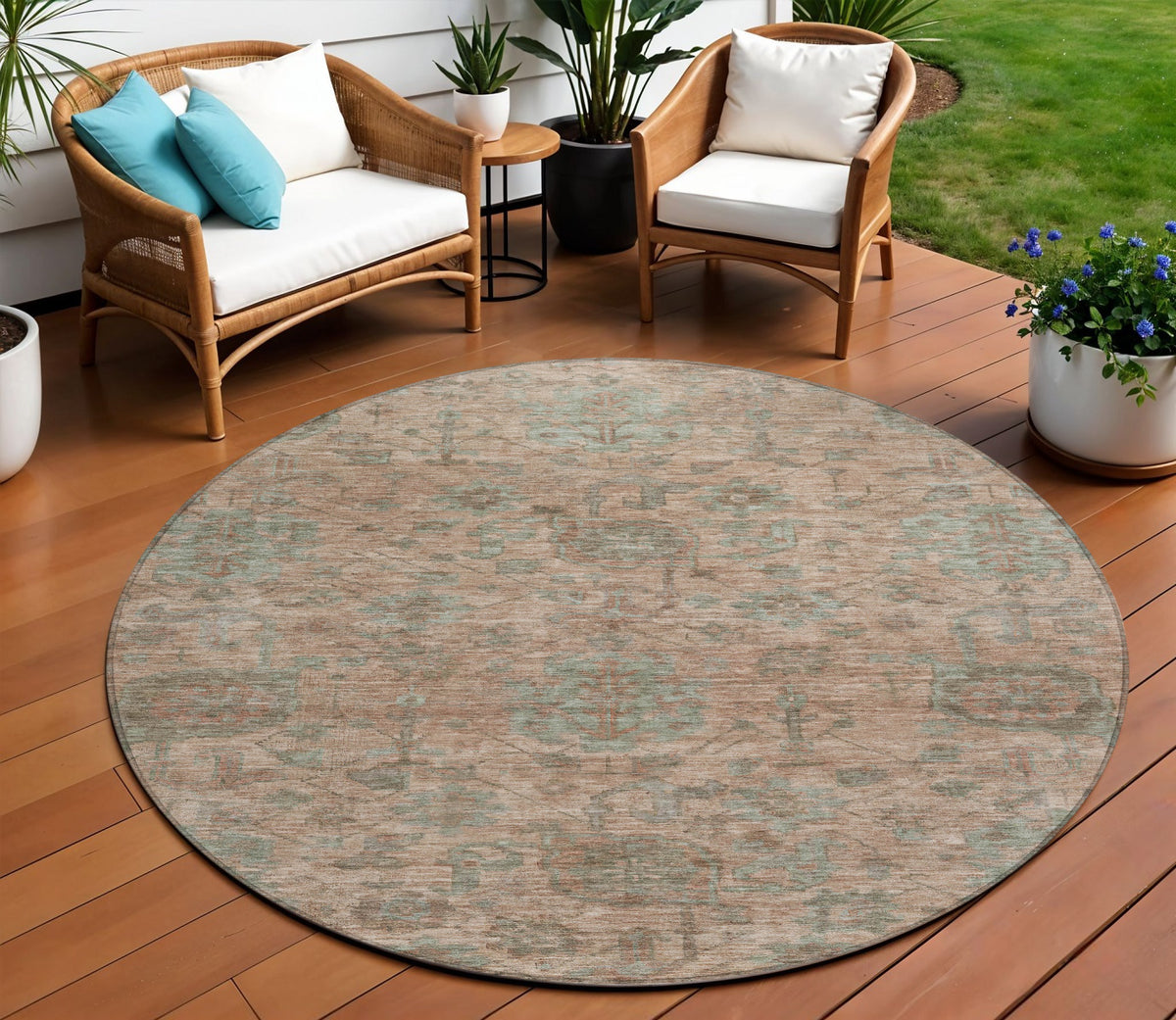 8' Coral Gray And Brown Round Damask Washable Indoor Outdoor Area Rug
