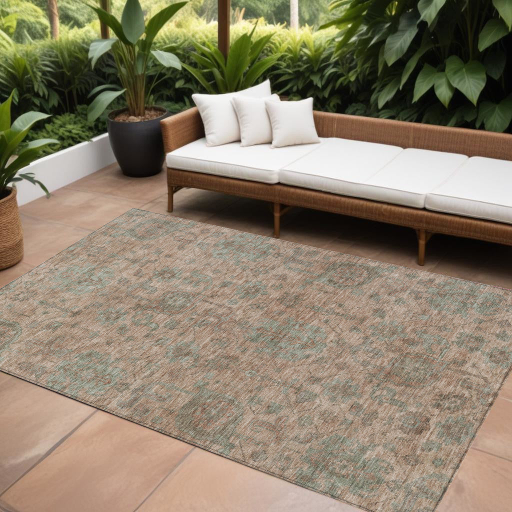 9' X 12' Coral Gray And Brown Damask Washable Indoor Outdoor Area Rug