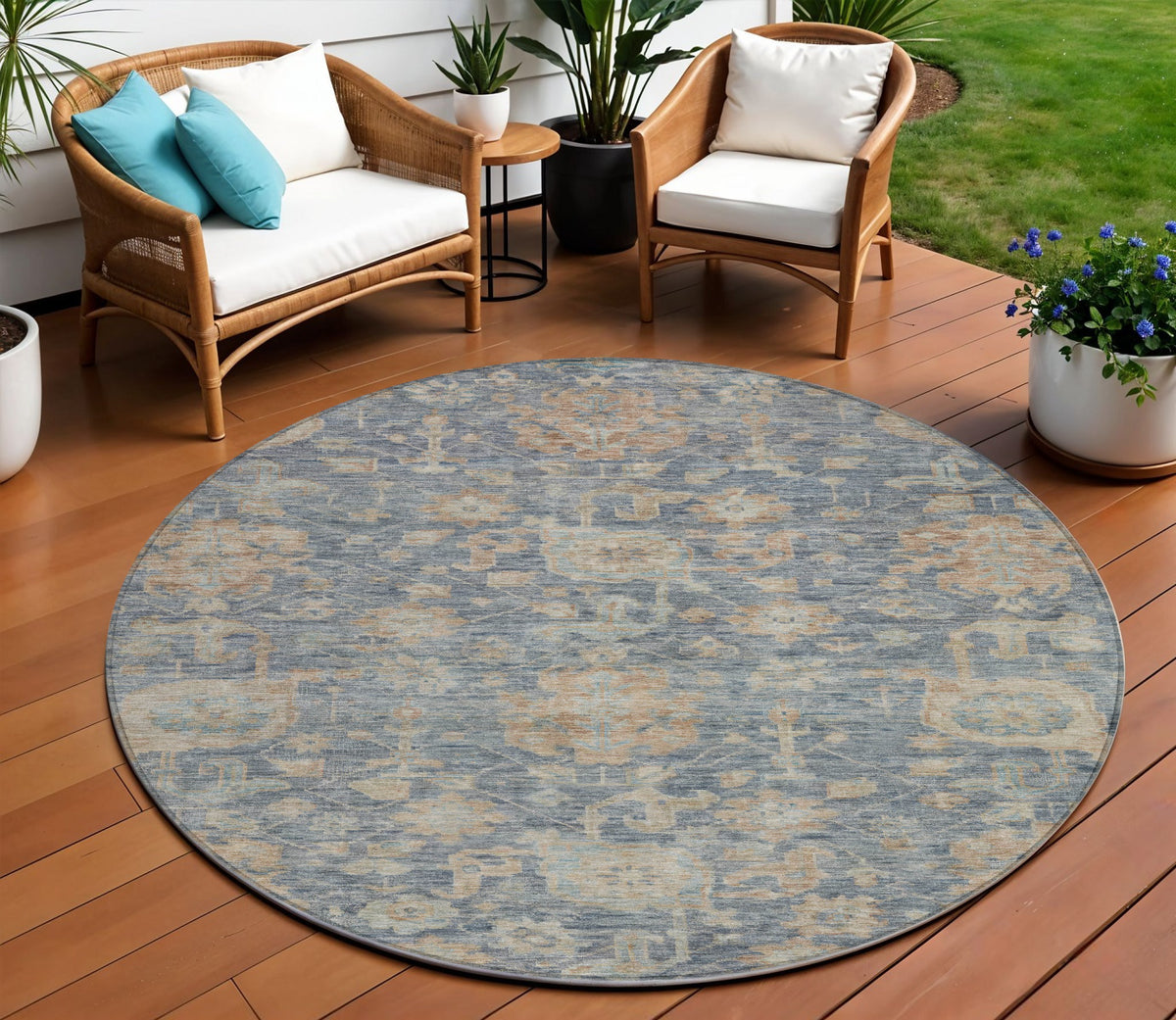 8' Denim Blue Brown And Beige Round Damask Washable Indoor Outdoor Area Rug