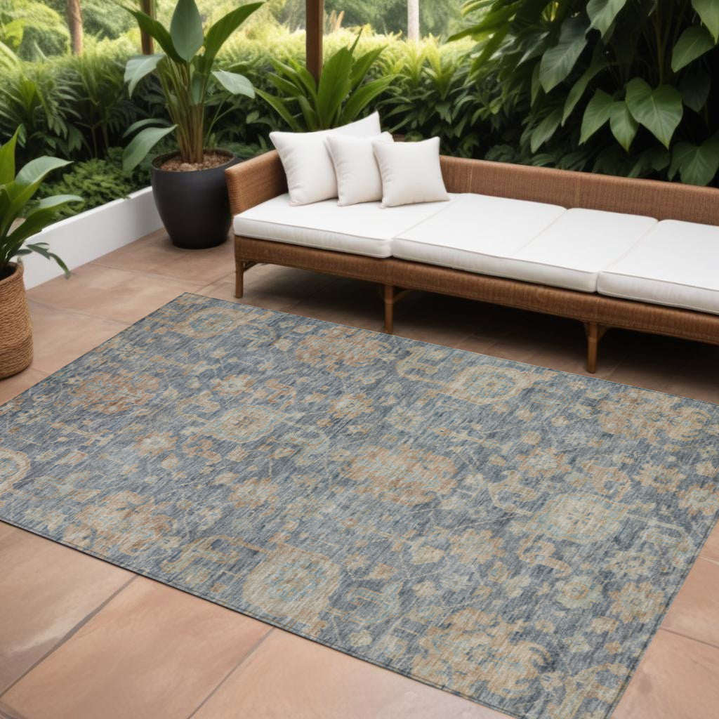 9' X 12' Denim Blue Brown And Beige Damask Washable Indoor Outdoor Area Rug