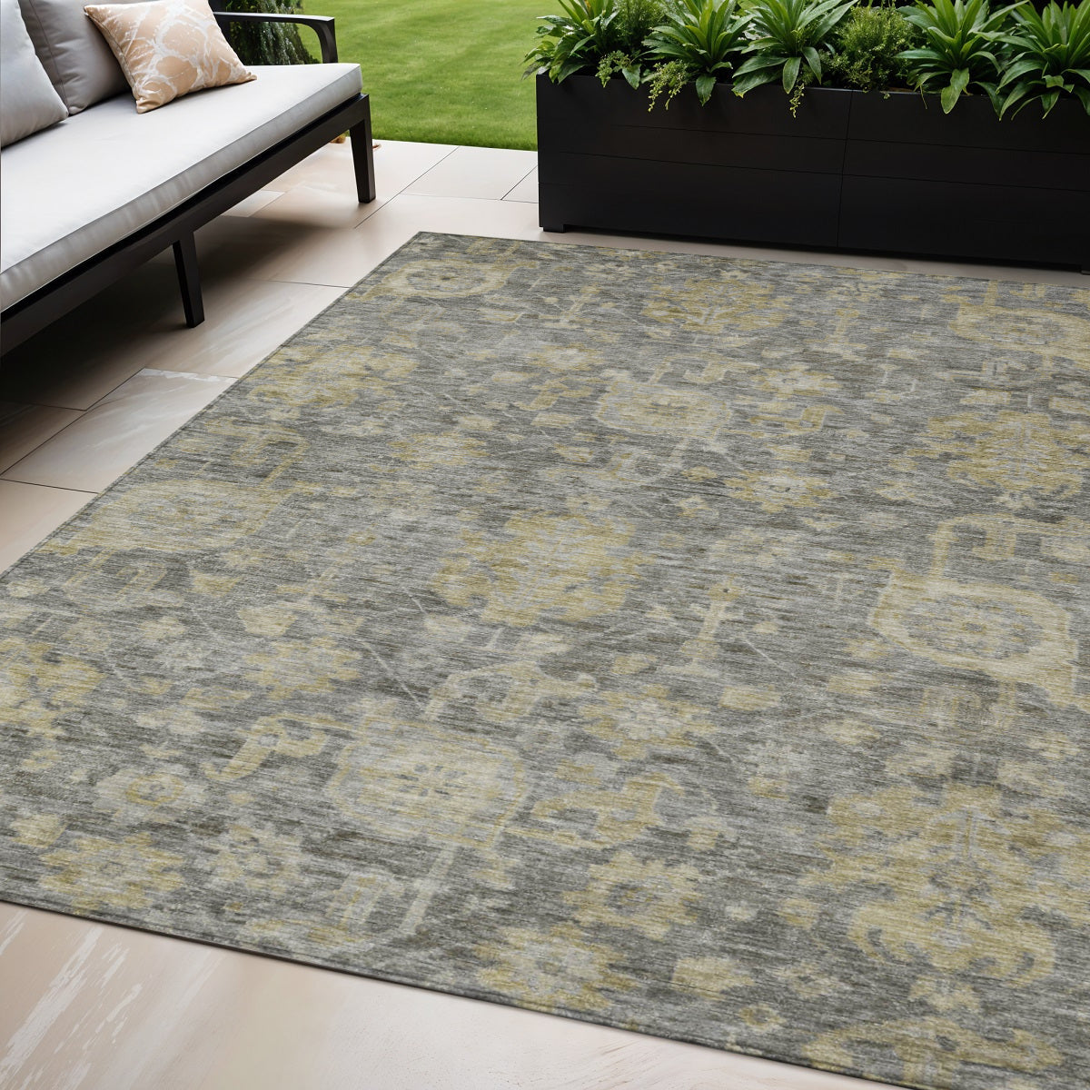 5' X 8' Pewter And Green Damask Washable Indoor Outdoor Area Rug